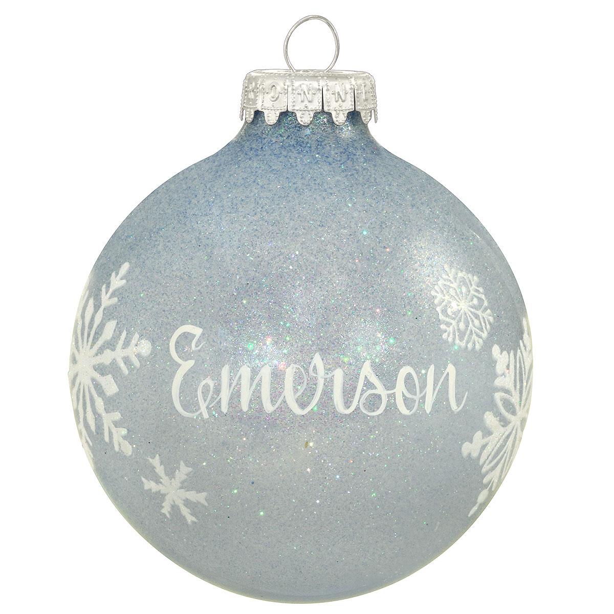 Personalized Light Blue Snowflake Sparkle Glass Ornament